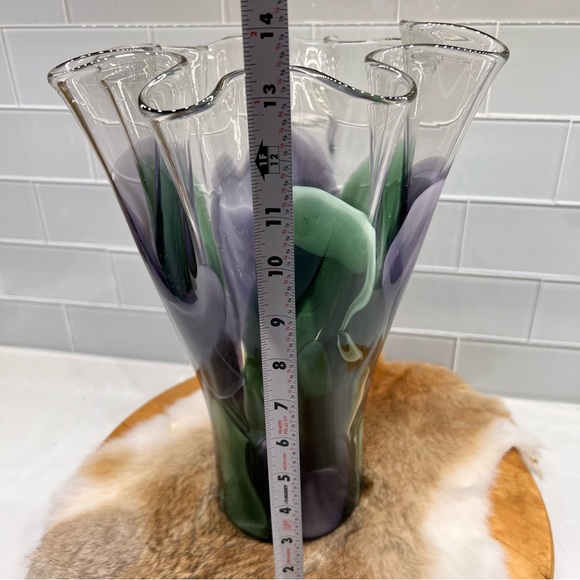 Hand Blown Art Glass Ruffled Swung Vase Abstract Green & Purple Fusion - Picture 11 of 16